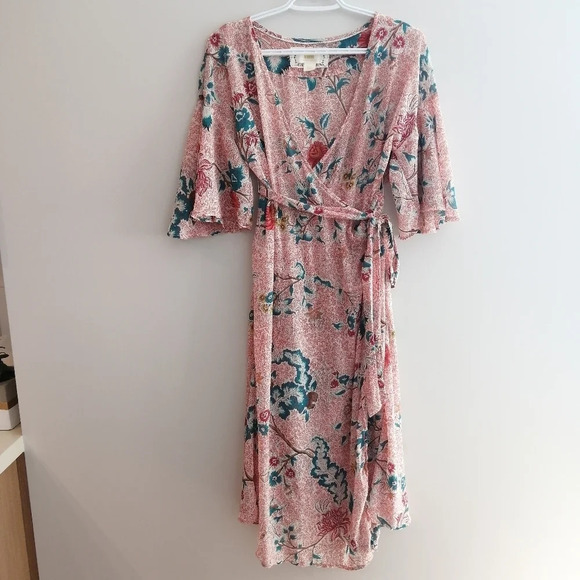 Anthropologie Maeve Adelaide Pink Wrap Midi Dress Short Sleeve Floral Small - Picture 4 of 16